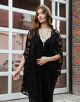 Embroidered Mesh Leaf Kimono Black