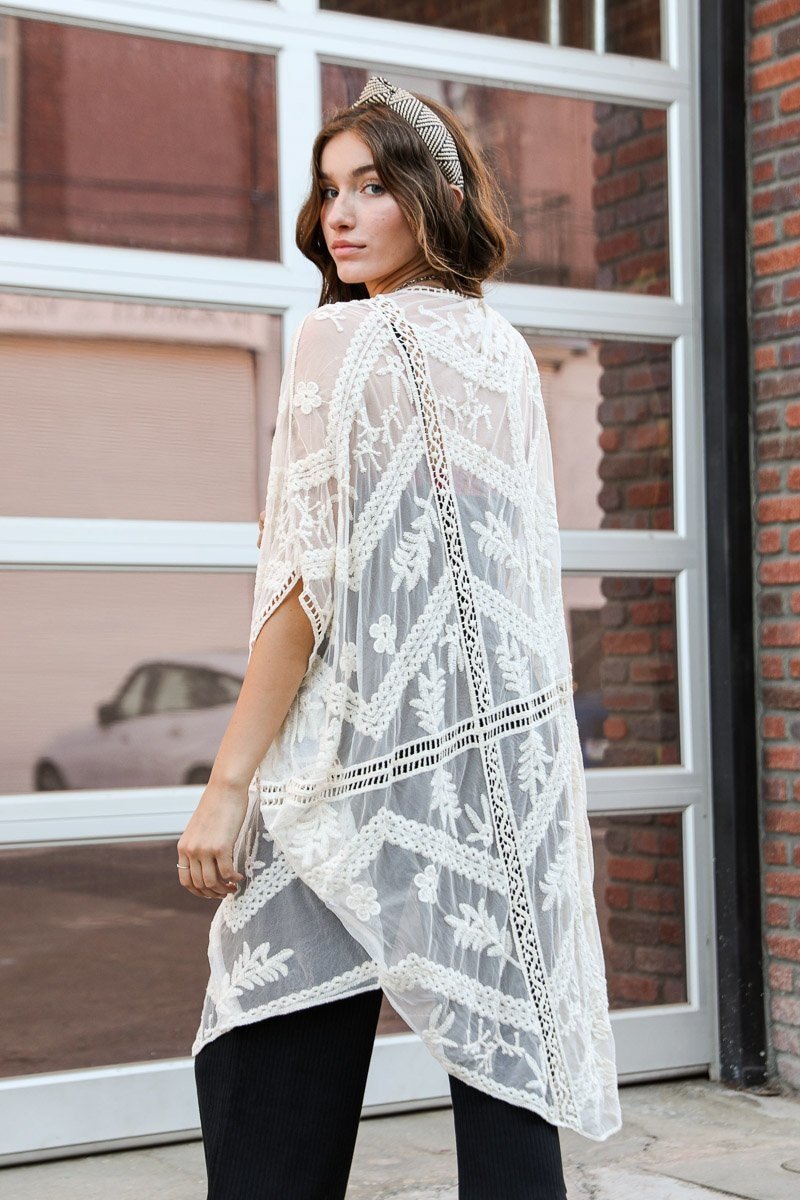 Embroidered Mesh Leaf Kimono