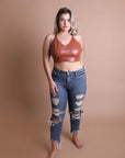 Faux Leather Longline Bralette XL / Cognac