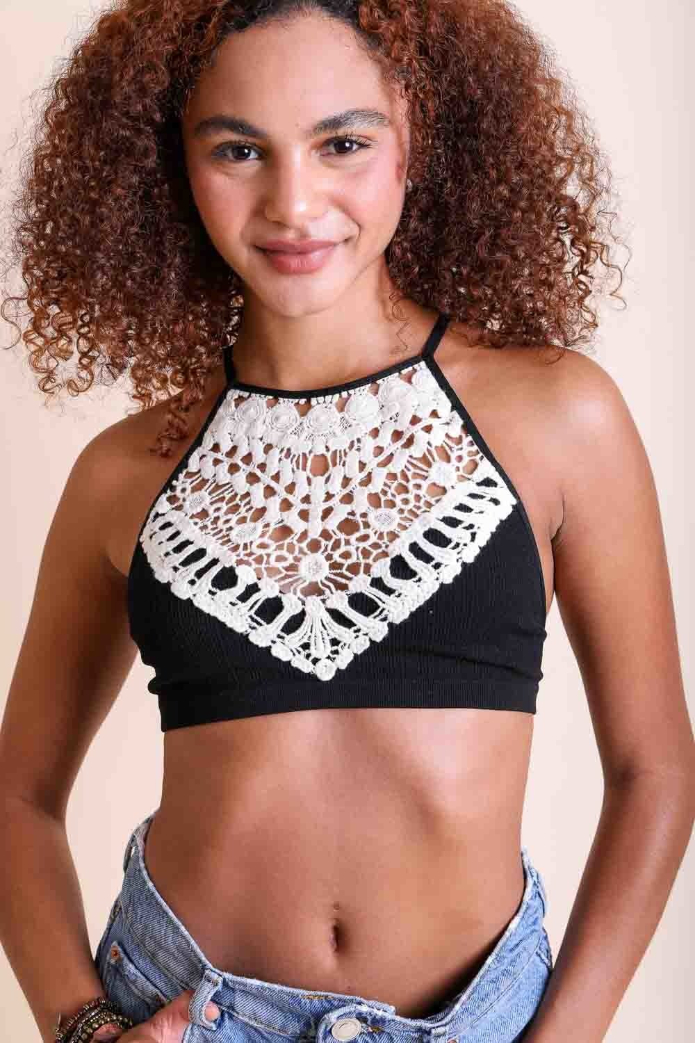 Feminine black lace high neck crochet bralette plus size style.