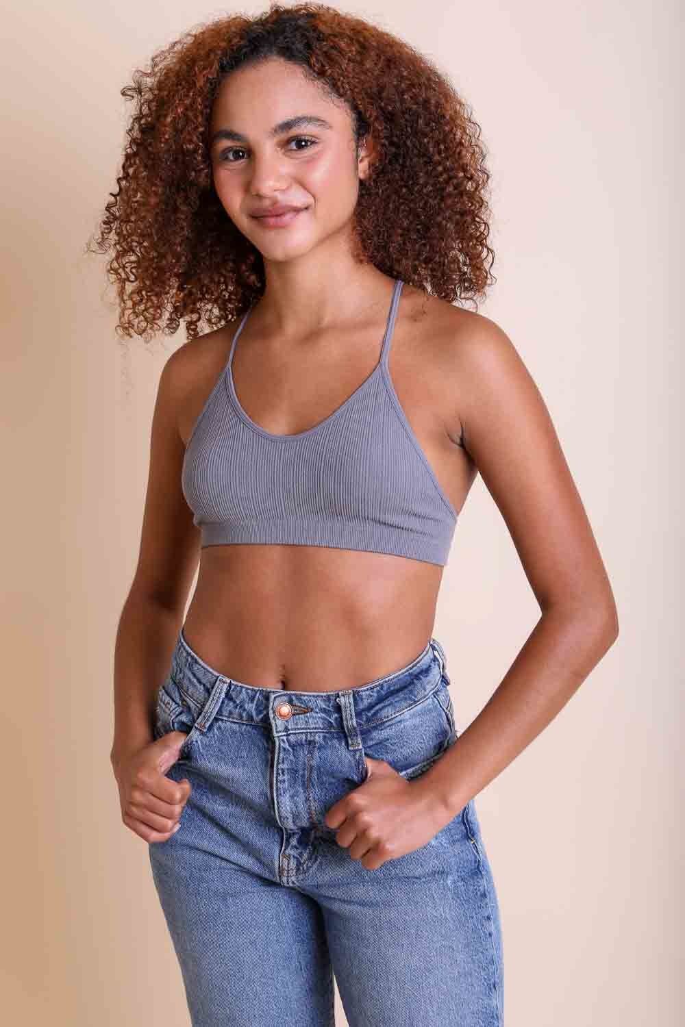 Feminine gray racerback tattoo back bralette with embroidery.