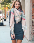 Flannel Frayed Edge Blanket Scarf Scarves Light Pink