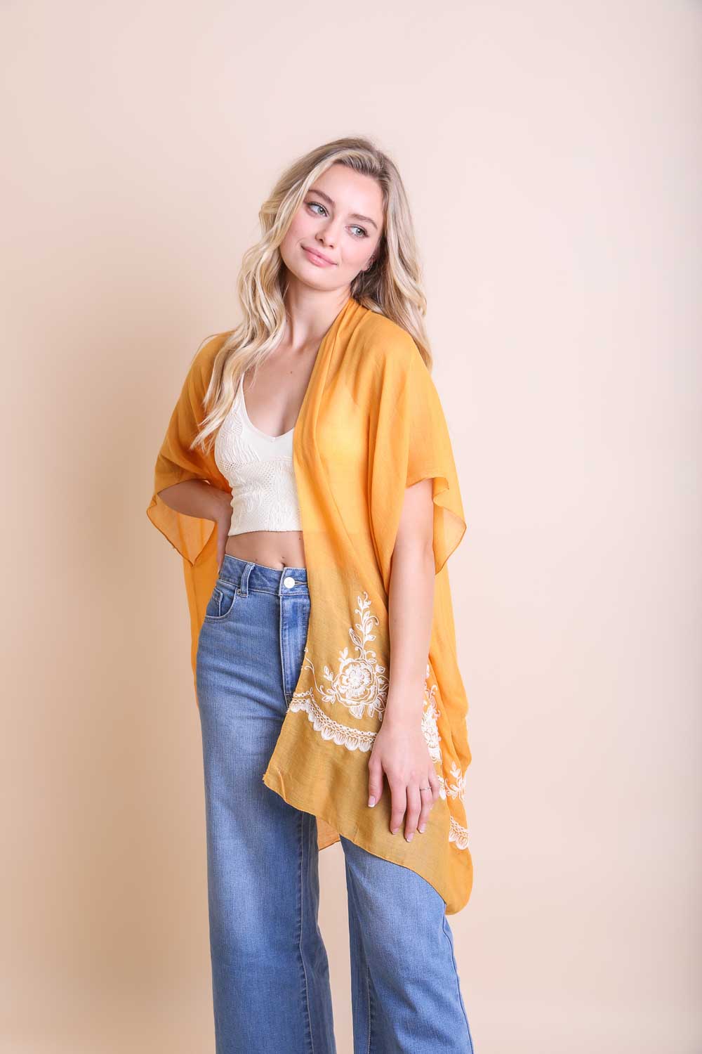 Floral embroidered stitch mustard kimono with lightweight and elegant design.