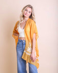 Floral embroidered stitch mustard kimono with lightweight and elegant design.