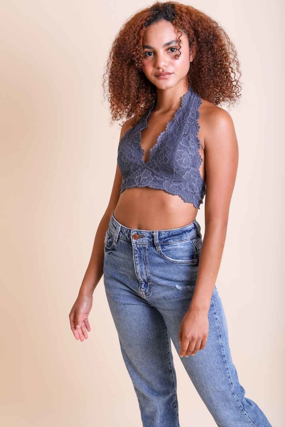 Floral Lace Halter Bralette Small / Slate