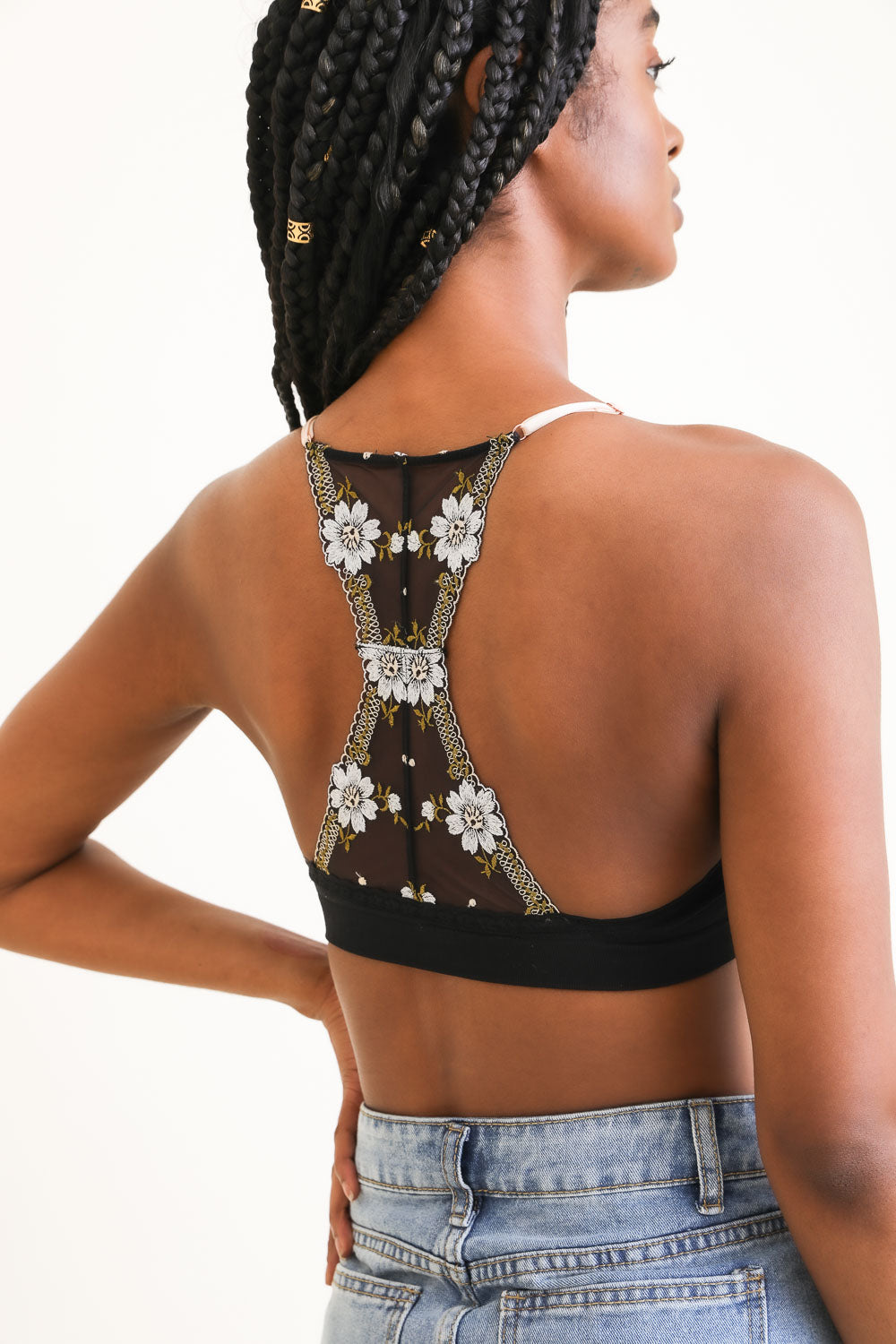 Floral lattice black bralette made with soft stretchy nylon spandex.