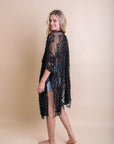 Floral Mandala Mesh Kimono Ponchos Black