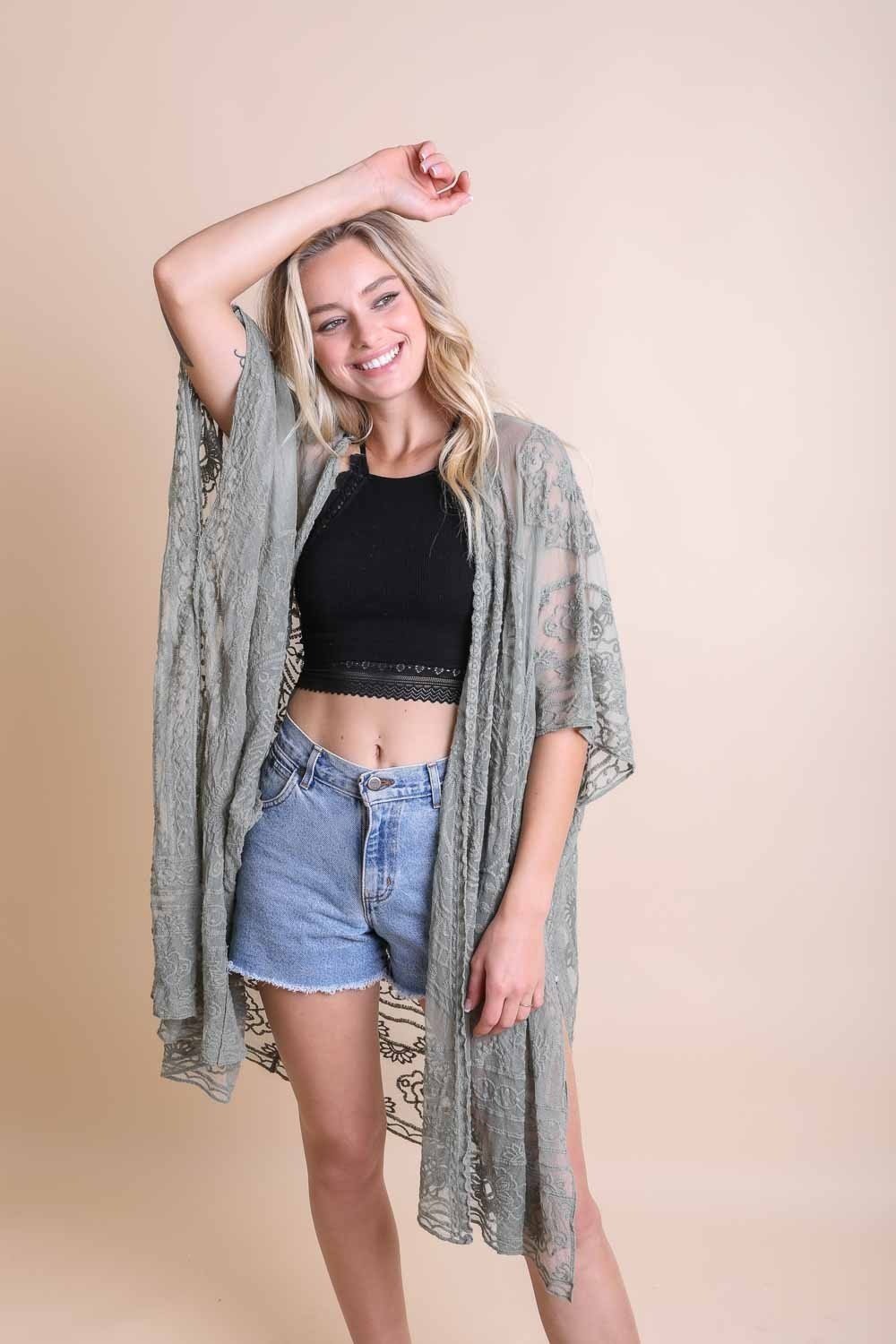 Floral Mandala Mesh Kimono Ponchos Sage