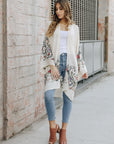 Floral print white kimono cardigan with stylish open-front design.