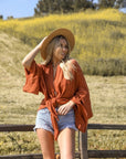 Flounce Sleeve Kimono Wrap Rust