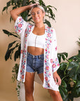 Flower garland embroidered white kimono perfect for layering.