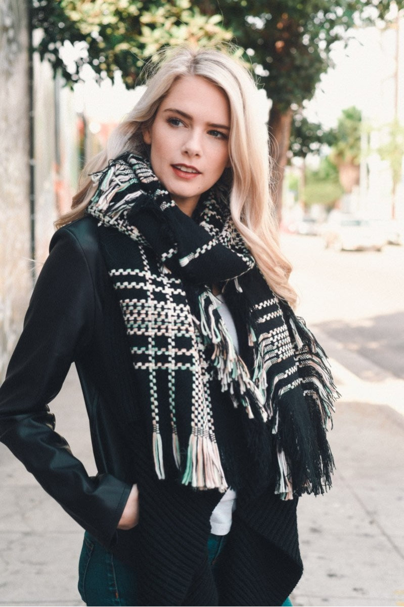 Frayed Tartan Plaid Scarf Scarves Black