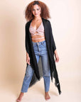 Frayed Trim Kimono Ponchos Black