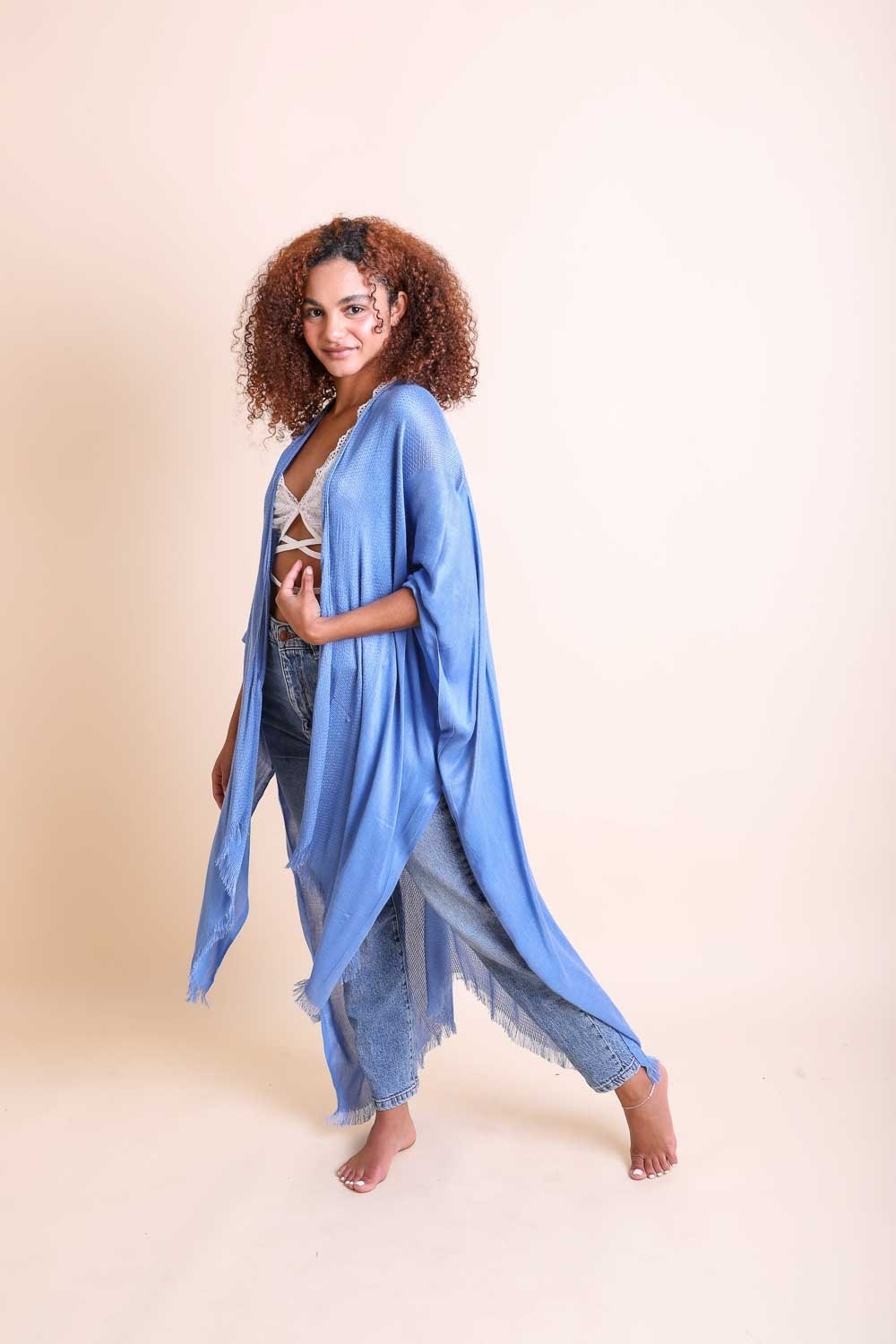 Frayed Trim Kimono Ponchos Blue