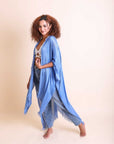 Frayed Trim Kimono Ponchos Blue