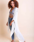 Frayed Trim Kimono Ponchos White