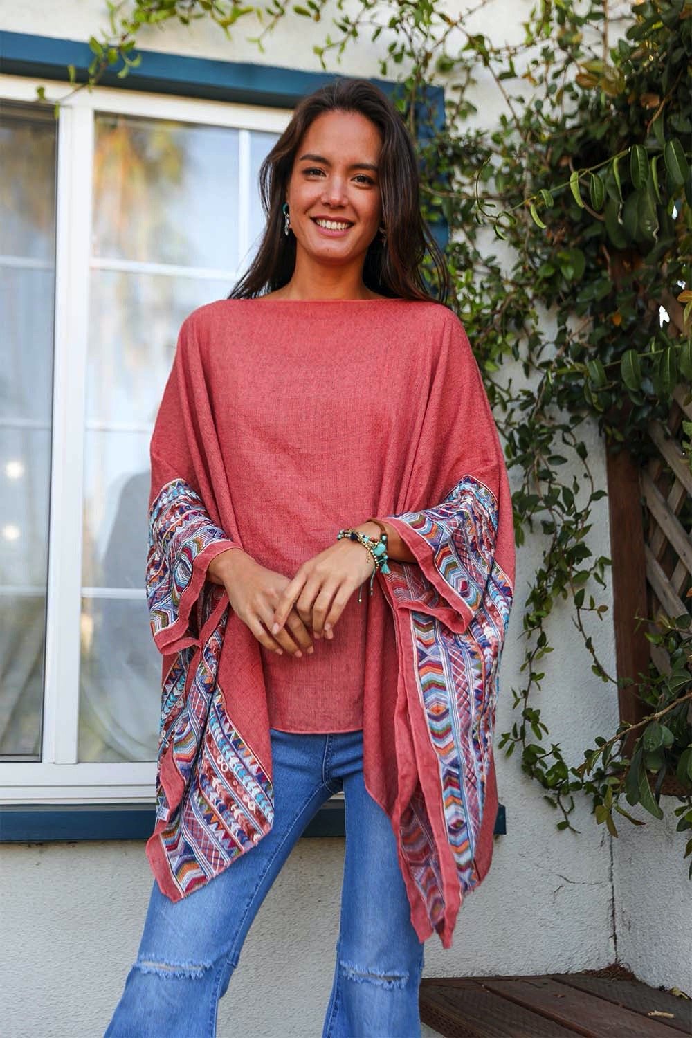 Geometric Embroidered Tunic Kimono Rust