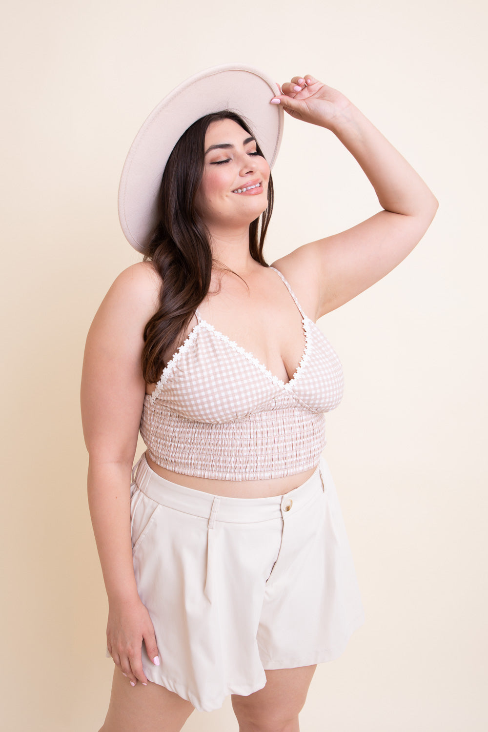 Gingham Smocked Bralette Plus Size Mocha