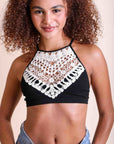 High neck halter black bralette with lace and stretchy fabric.