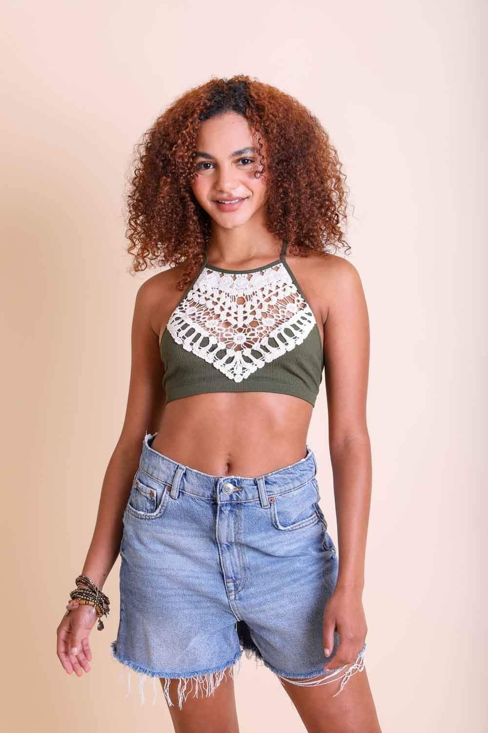 High neck halter olive bralette with crochet lace trim.