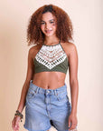 High neck halter olive bralette with crochet lace trim.