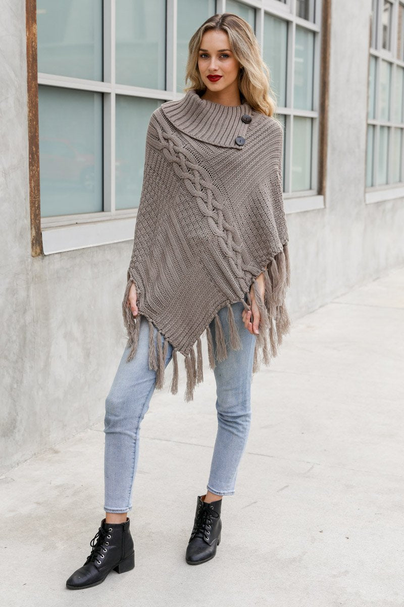 High Neck Multi-Tasseled Poncho Ponchos