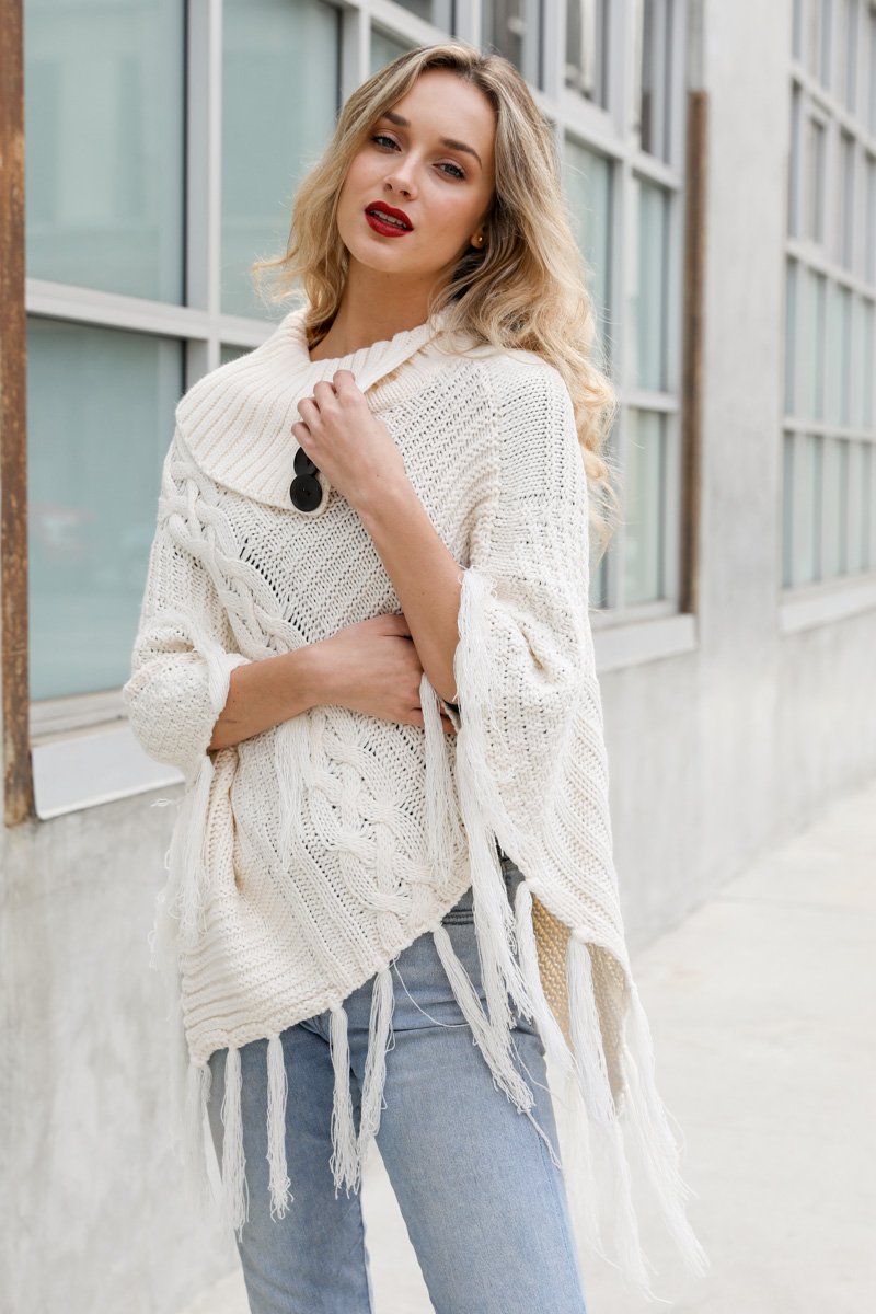 High Neck Multi-Tasseled Poncho Ponchos