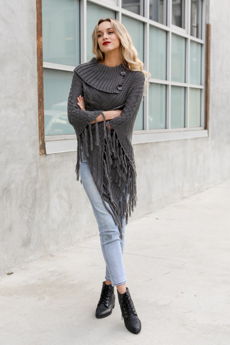 High Neck Multi-Tasseled Poncho Ponchos Gray