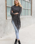 High Neck Multi-Tasseled Poncho Ponchos Gray