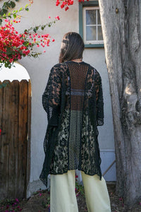 Intricate black floral knit pattern kimono for all seasons.