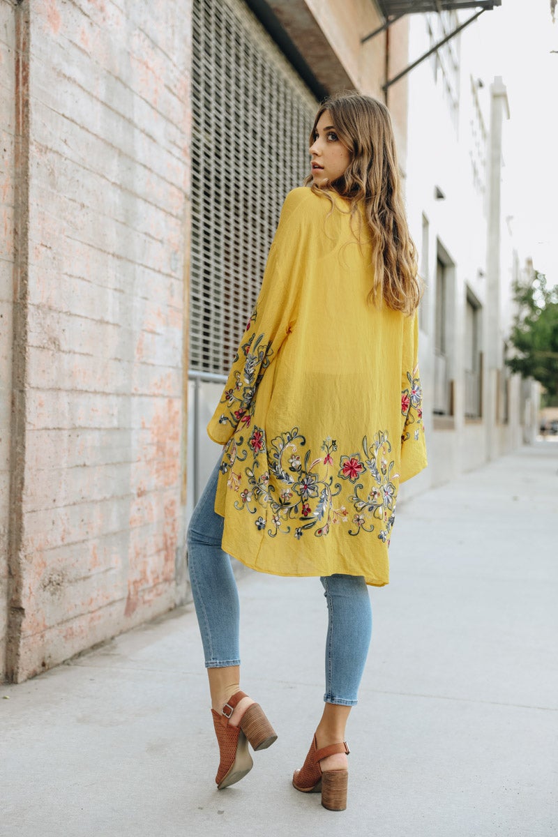 Lightweight and stylish floral mustard kimono cardigan with timeless look.