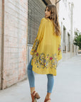 Lightweight and stylish floral mustard kimono cardigan with timeless look.