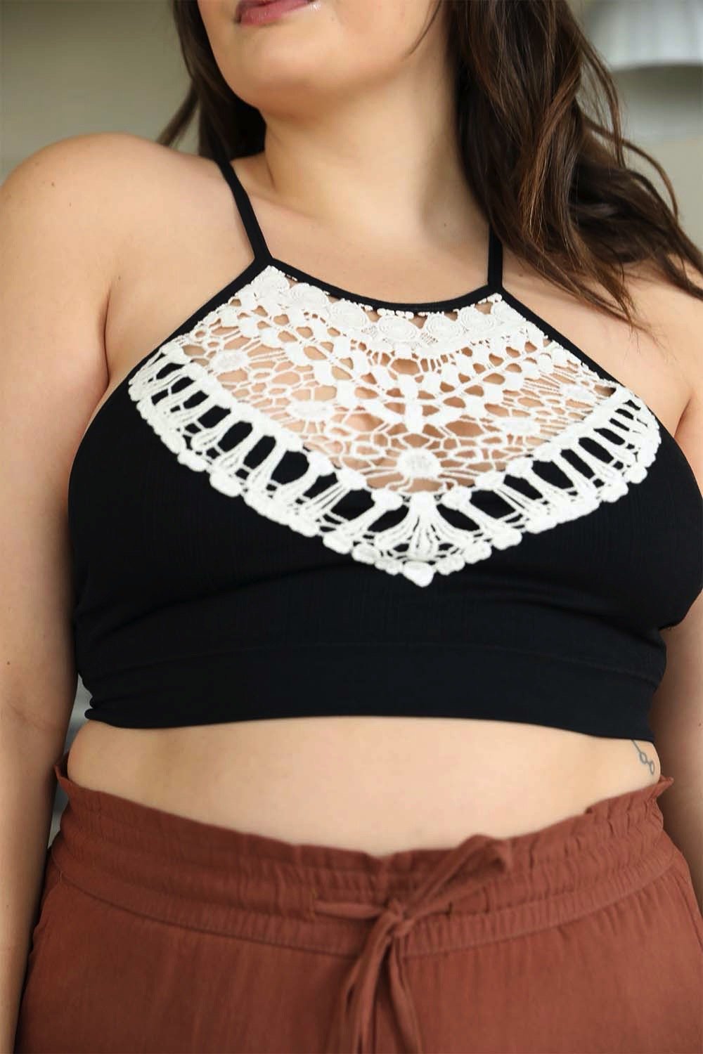 Lightweight black plus size crochet bralette with halter neck.