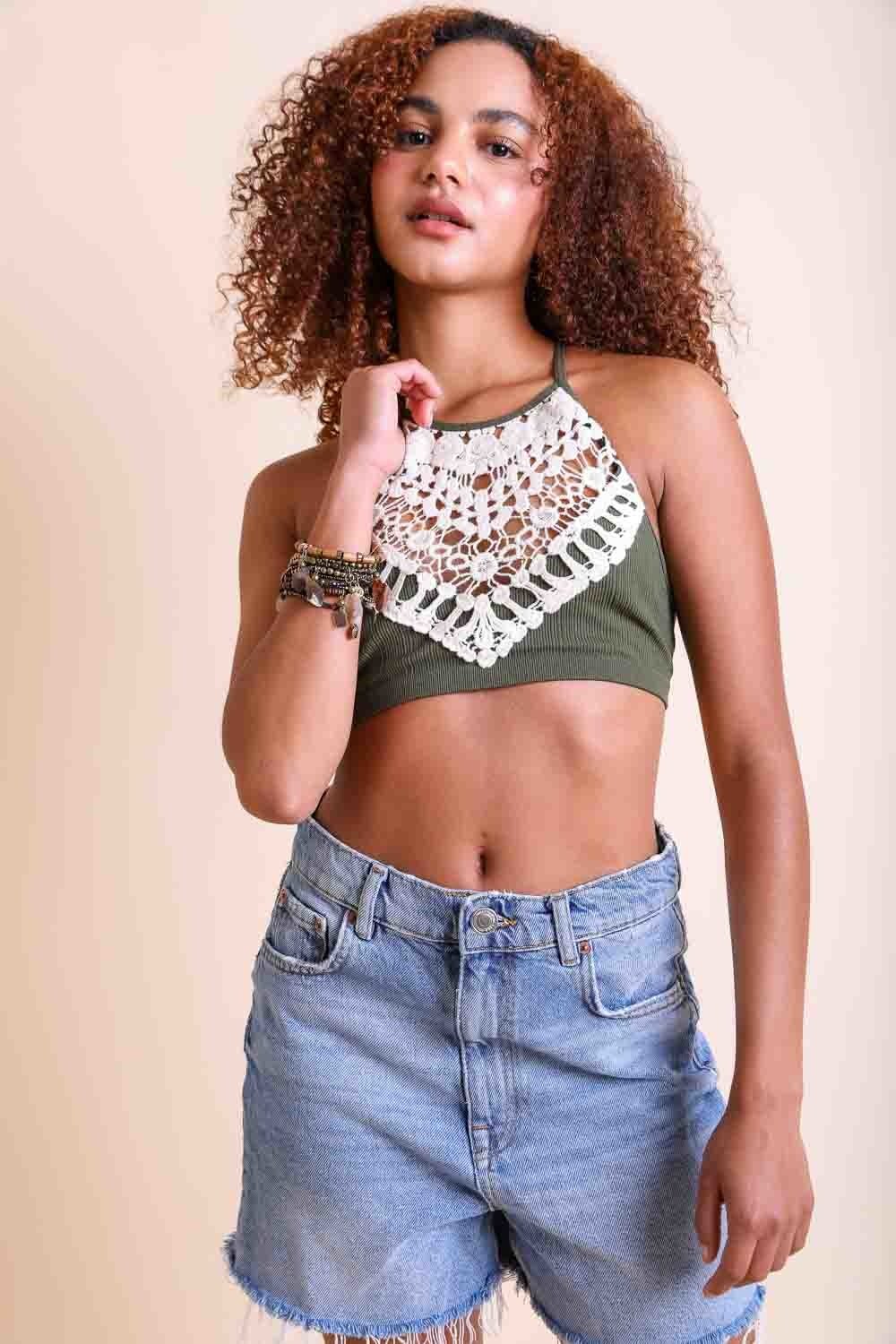 Lightweight crochet lace olive bralette plus size high neck.