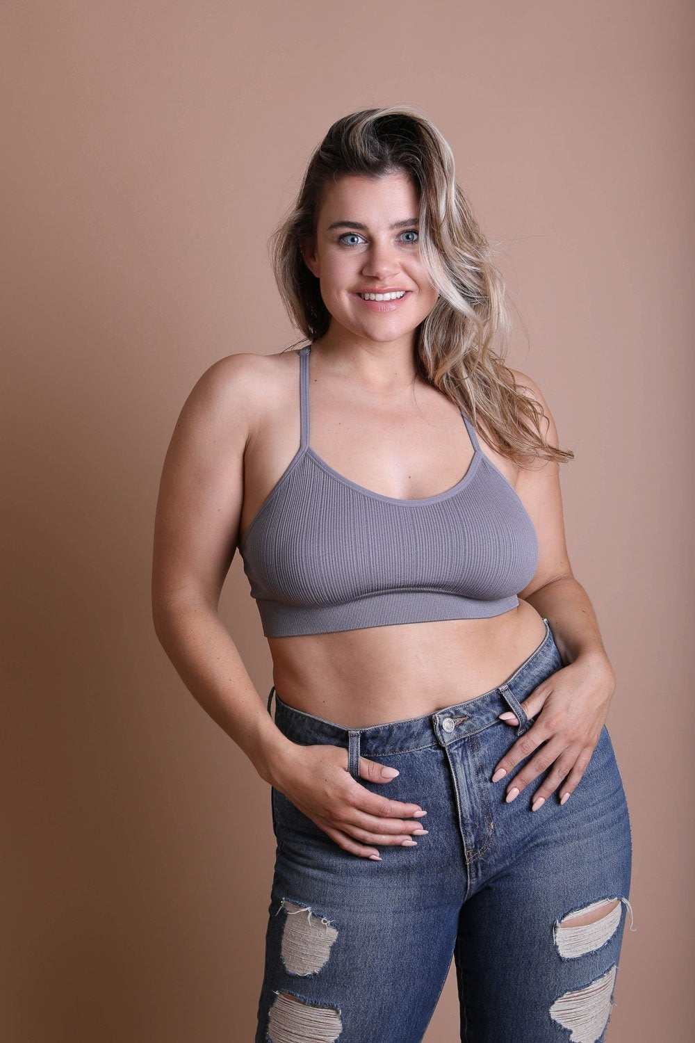 Lightweight embroidered tattoo back gray bralette for layering.