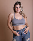 Lightweight embroidered tattoo back gray bralette for layering.