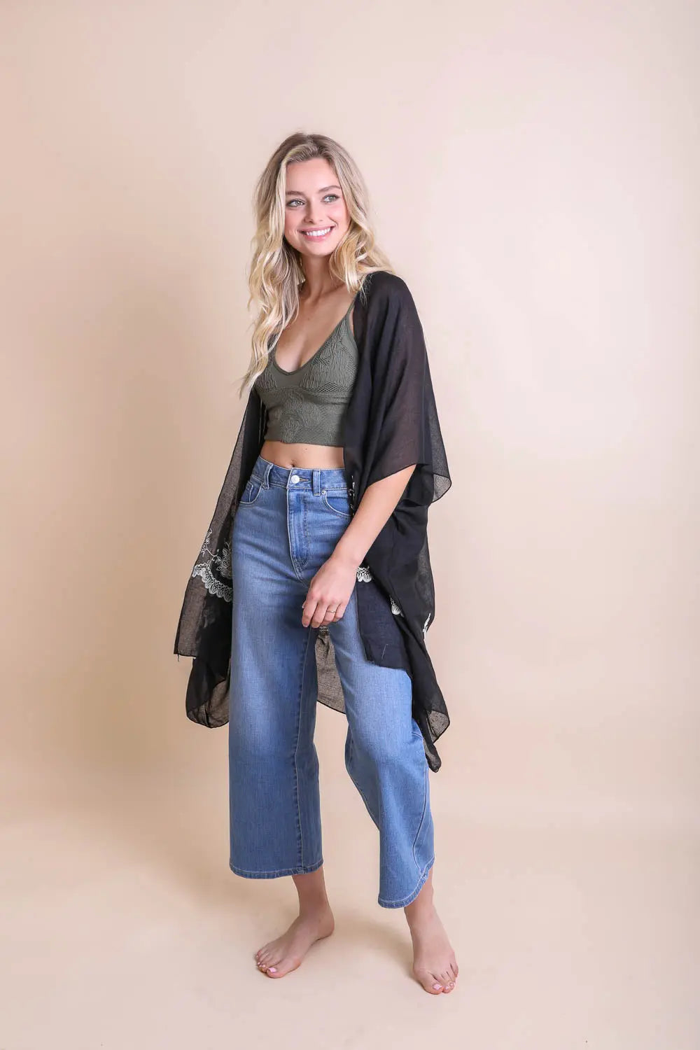 Lightweight floral stitch black kimono designed for all-day comfort.