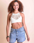 Lightweight halter crochet ivory bralette with cross-back straps.