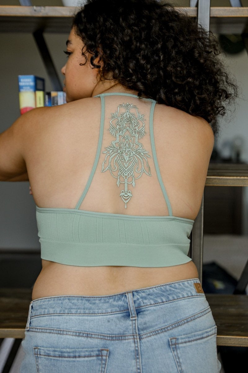 Lightweight tattoo back mesh sage bralette with soft seamless fit.