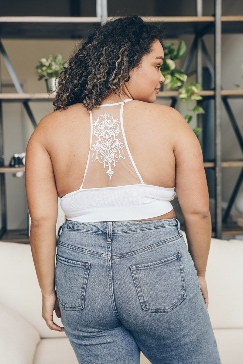 Lightweight tattoo-inspired back ivory bralette for everyday wear.