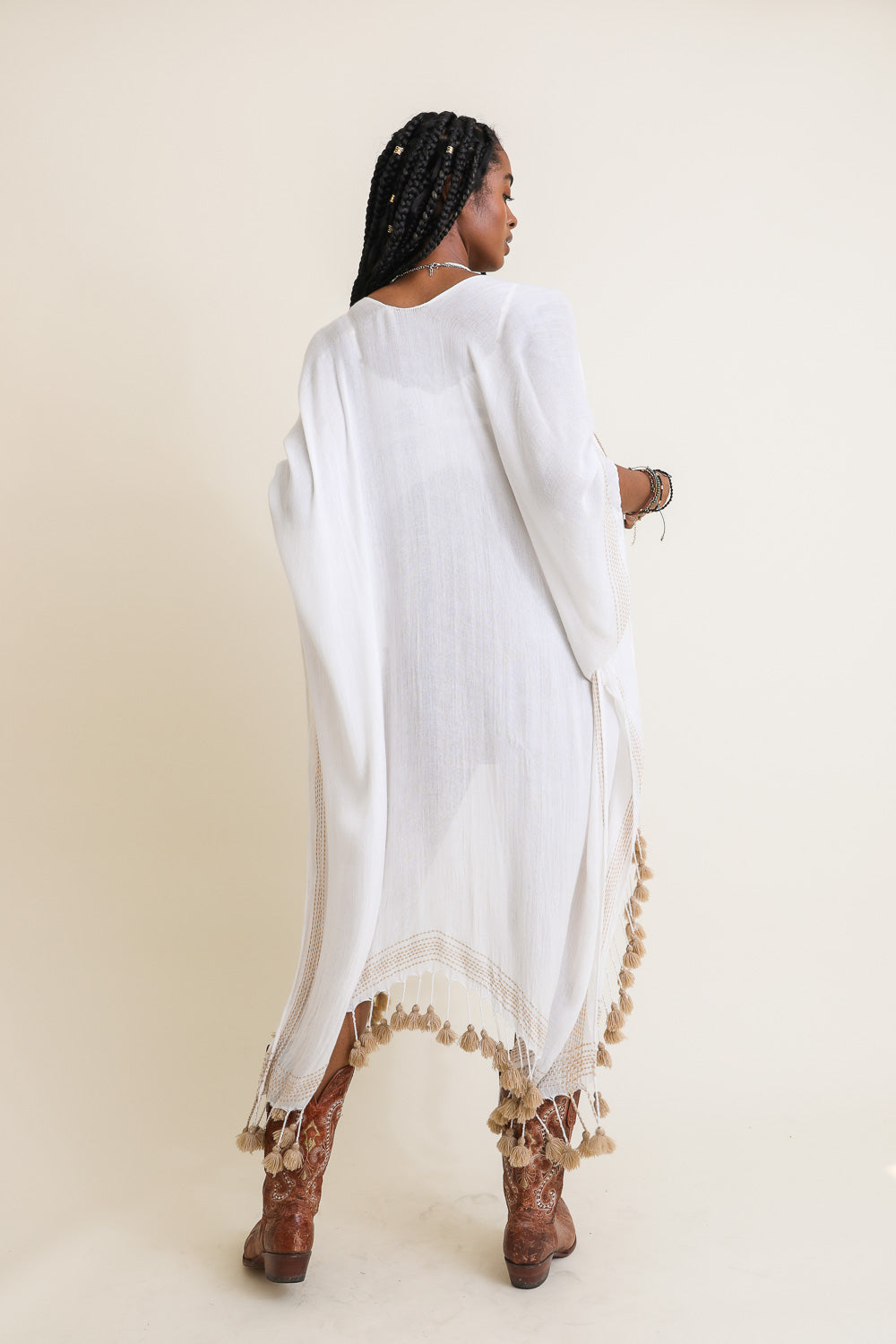 Lightweight white tassel trim longline kimono wrap, perfect for modern outfits.