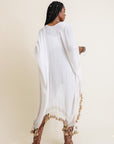 Lightweight white tassel trim longline kimono wrap, perfect for modern outfits.