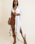 Longline white tassel border kimono, a lightweight and stylish layering piece.