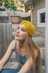 Mustard super soft turban-style headbands for casual and formal looks.