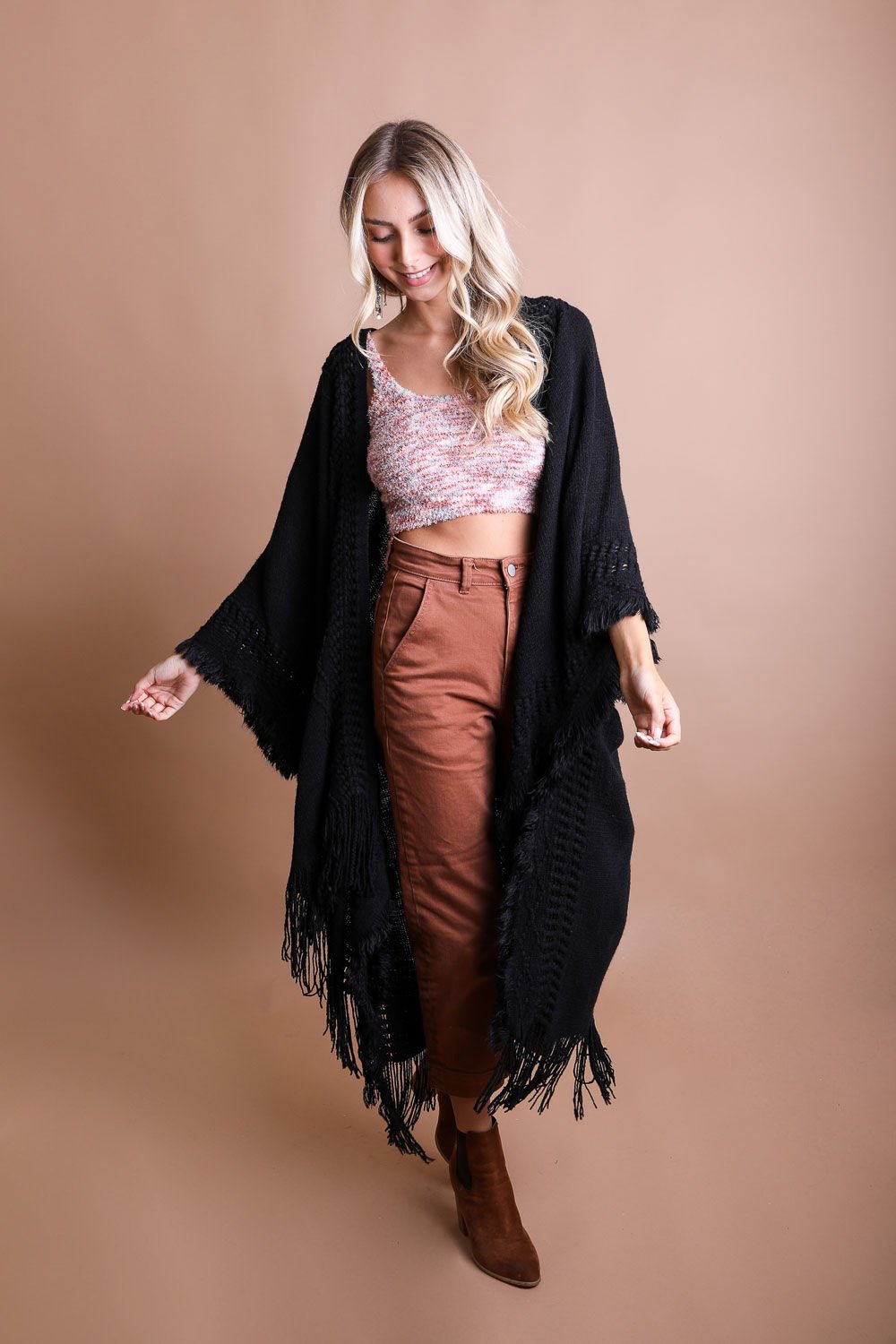 Open Work Frayed Bohemian Ruana Ponchos Black