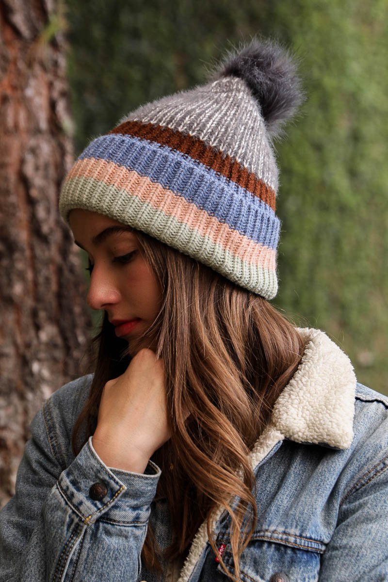 Pastel Stripe Knit Pom Beanie Hats &amp; Hair Black