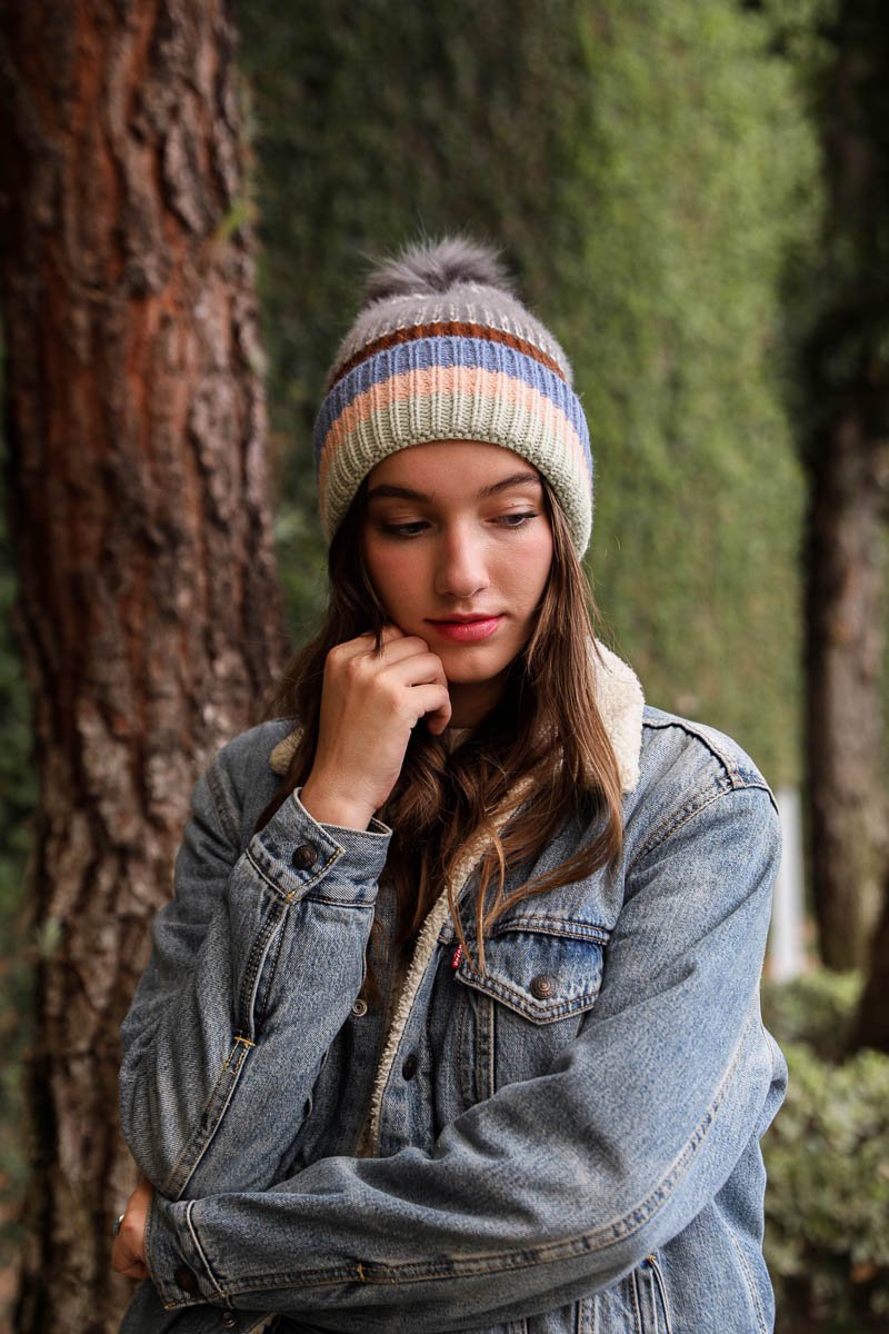 Pastel Stripe Knit Pom Beanie Hats &amp; Hair