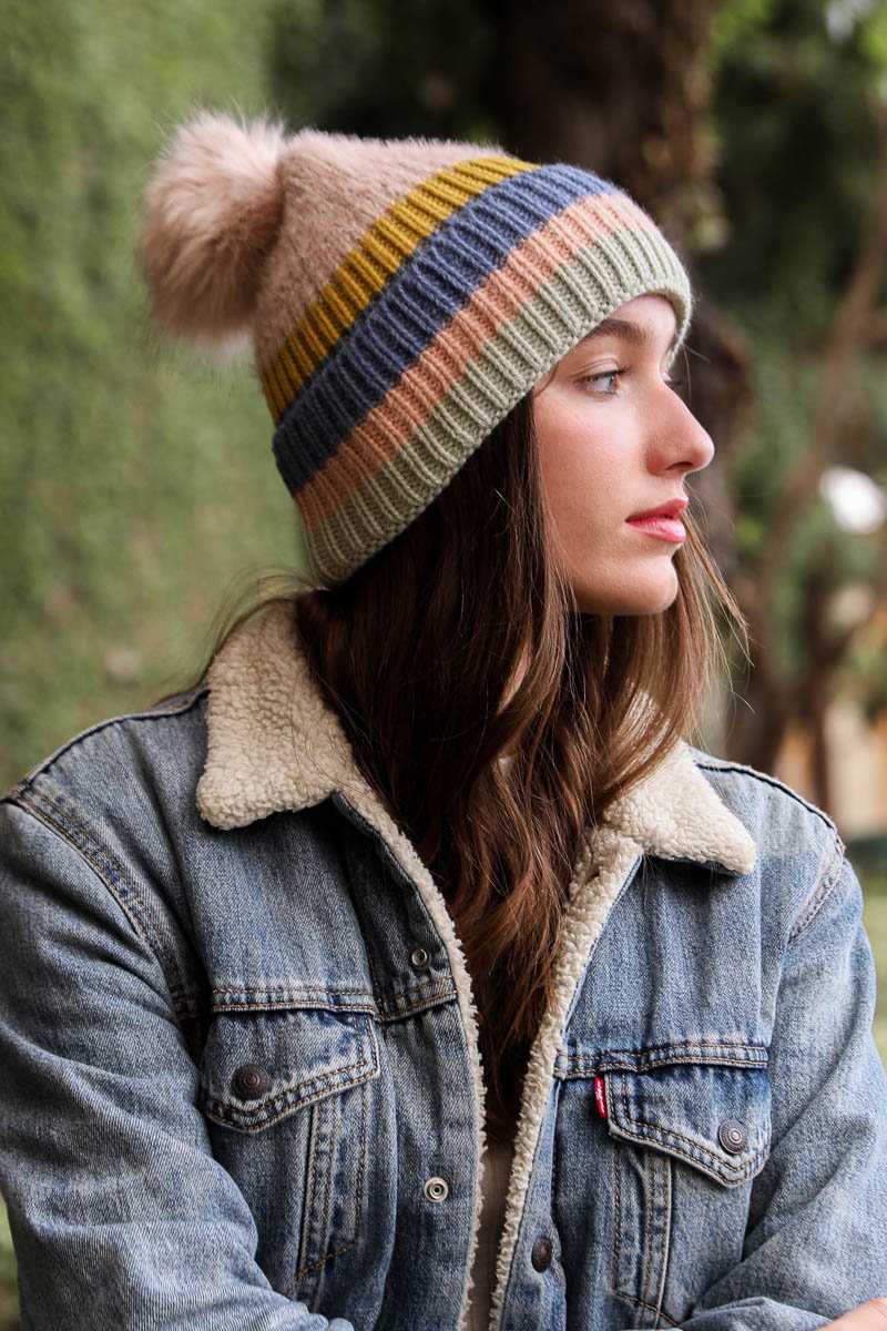 Pastel Stripe Knit Pom Beanie Hats &amp; Hair Pink