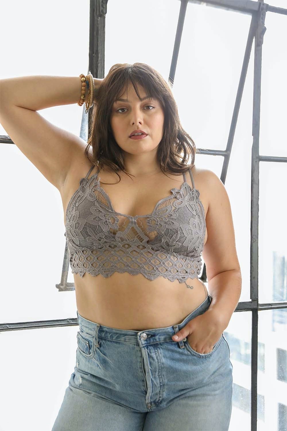 Plus Crochet Lace Longline Bralette Gray