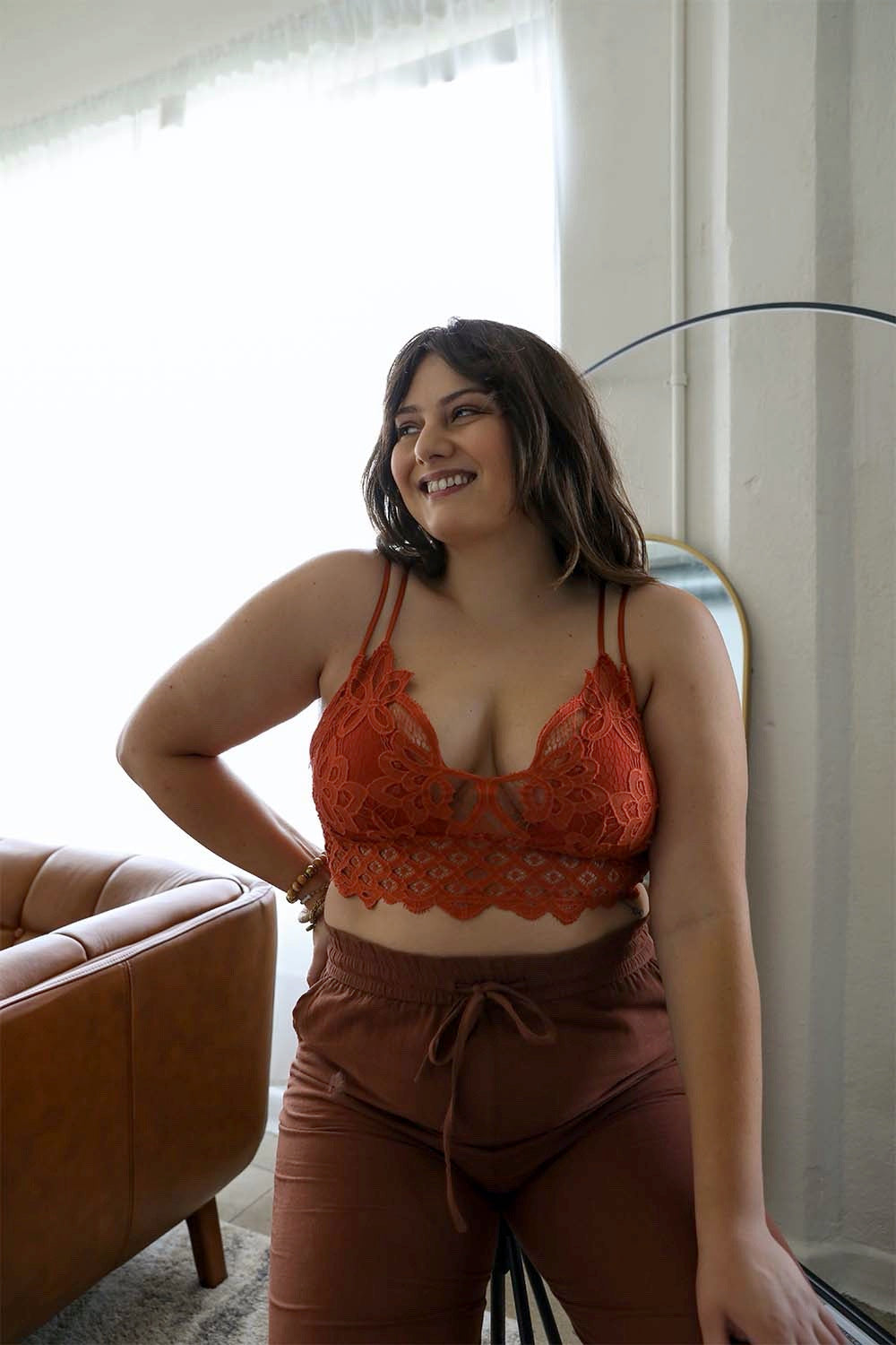 Plus Crochet Lace Longline Bralette Rust